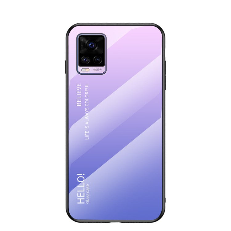 Soft TPU Edge + Color Gradient Tempered Glass Cell Phone Back Case for Vivo V20 - Pink/Purple