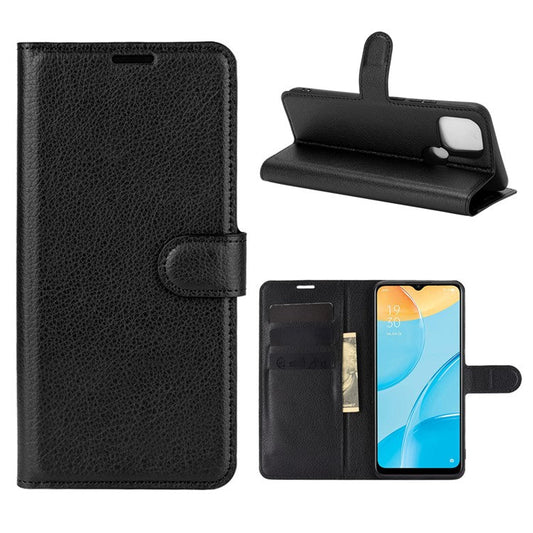 Litchi Skin Wallet Design Leather Phone Protective Cover Shell with Stand for OPPO A15 - Black