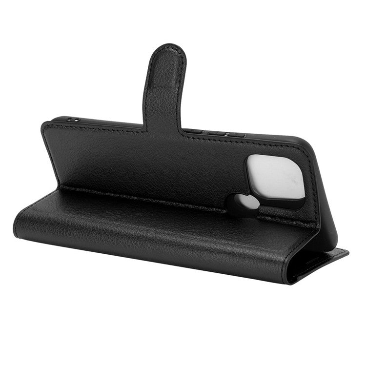 Litchi Skin Wallet Design Leather Phone Protective Cover Shell with Stand for OPPO A15 - Black