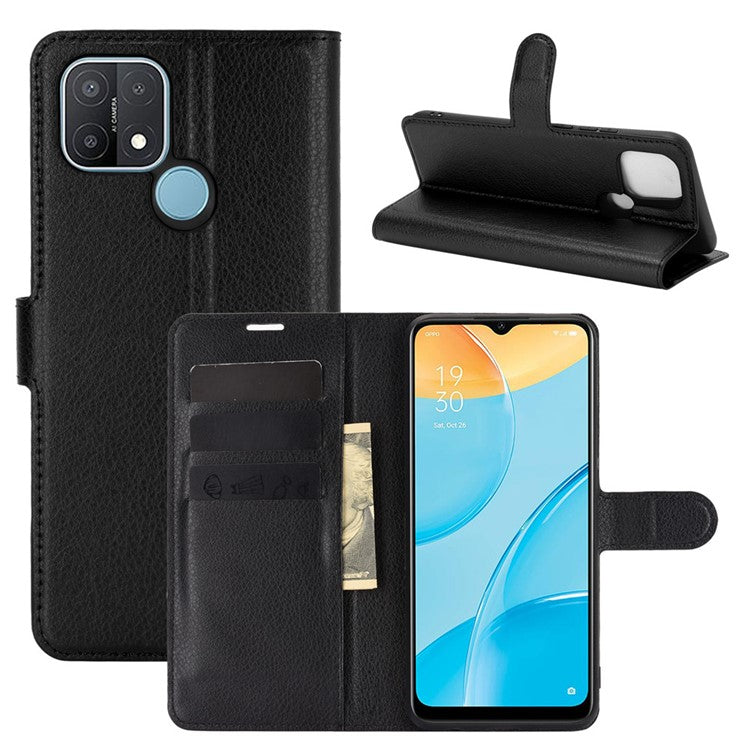 Litchi Skin Wallet Design Leather Phone Protective Cover Shell with Stand for OPPO A15 - Black