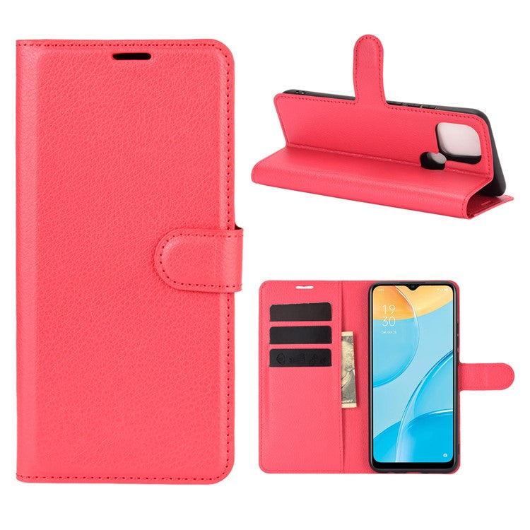 Litchi Skin Wallet Design Leather Phone Protective Cover Shell with Stand for OPPO A15 - Red