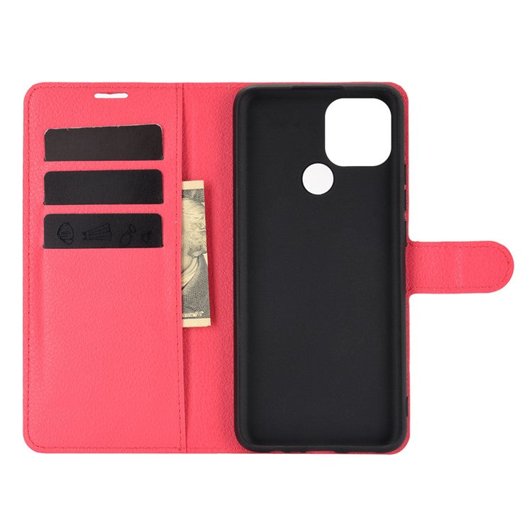 Litchi Skin Wallet Design Leather Phone Protective Cover Shell with Stand for OPPO A15 - Red