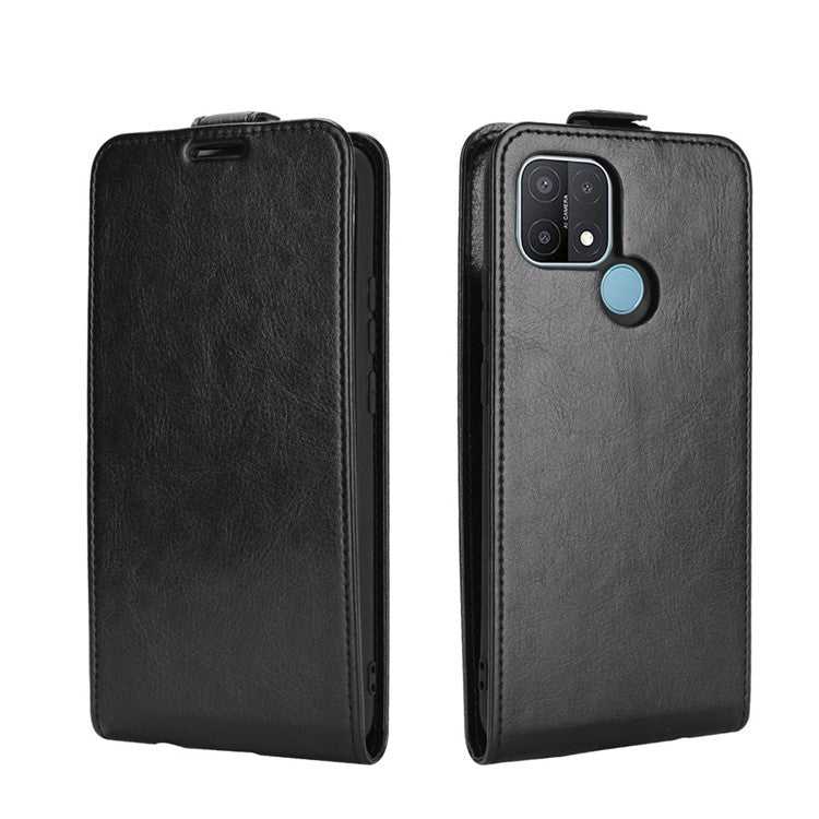 Vertical Flip Crazy Horse Texture Leather Case with Card Holder for OPPO A15 - Black