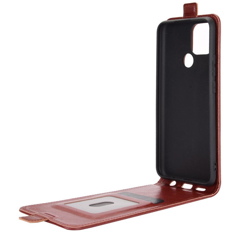 Vertical Flip Crazy Horse Texture Leather Case with Card Holder for OPPO A15 - Brown