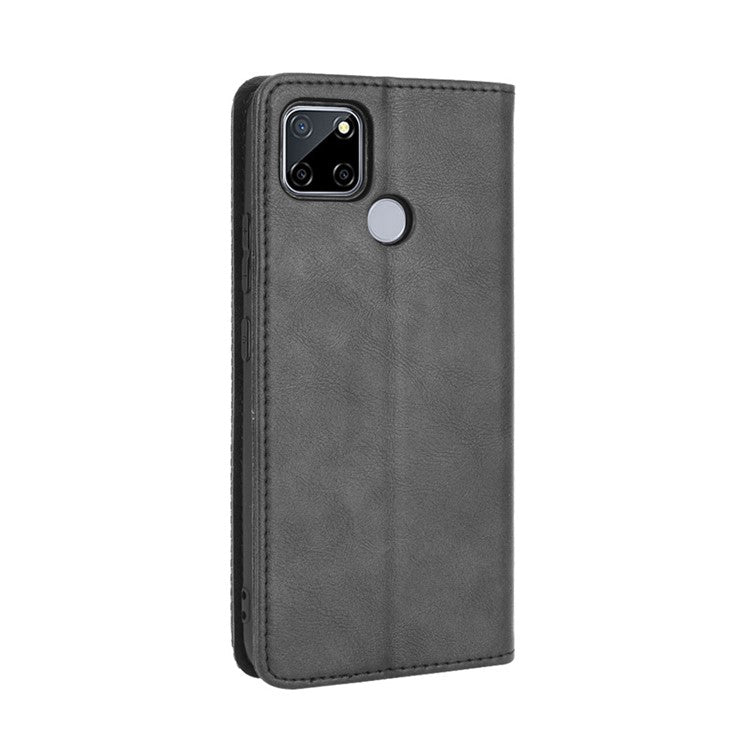 Magnetic Vintage Style Phone Case Wallet Stand Leather Cover for Oppo A15 - Black