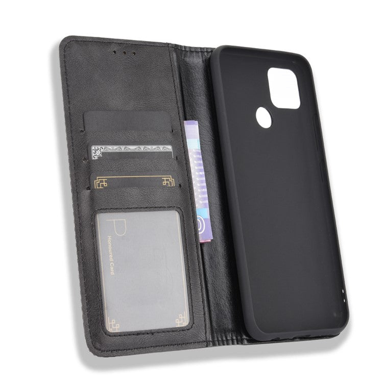 Magnetic Vintage Style Phone Case Wallet Stand Leather Cover for Oppo A15 - Black