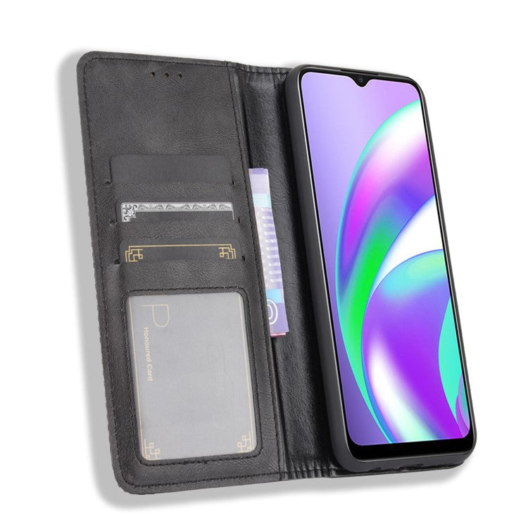 Magnetic Vintage Style Phone Case Wallet Stand Leather Cover for Oppo A15 - Black