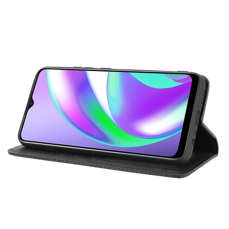 Magnetic Vintage Style Phone Case Wallet Stand Leather Cover for Oppo A15 - Black