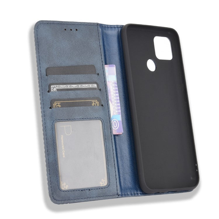 Magnetic Vintage Style Phone Case Wallet Stand Leather Cover for Oppo A15 - Blue