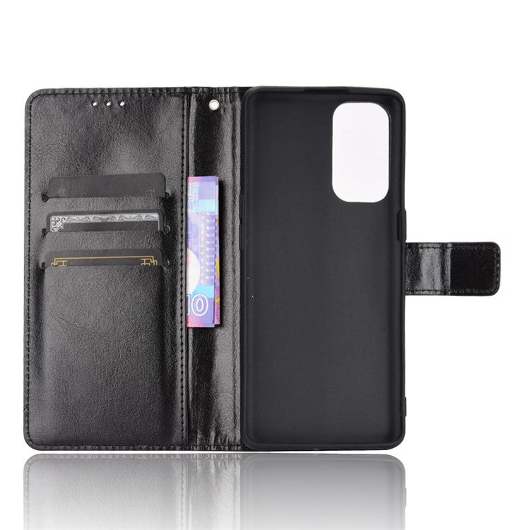 Leather Full Protection Wallet Stand Crazy Horse Shell for Oppo Reno5 5G - Black