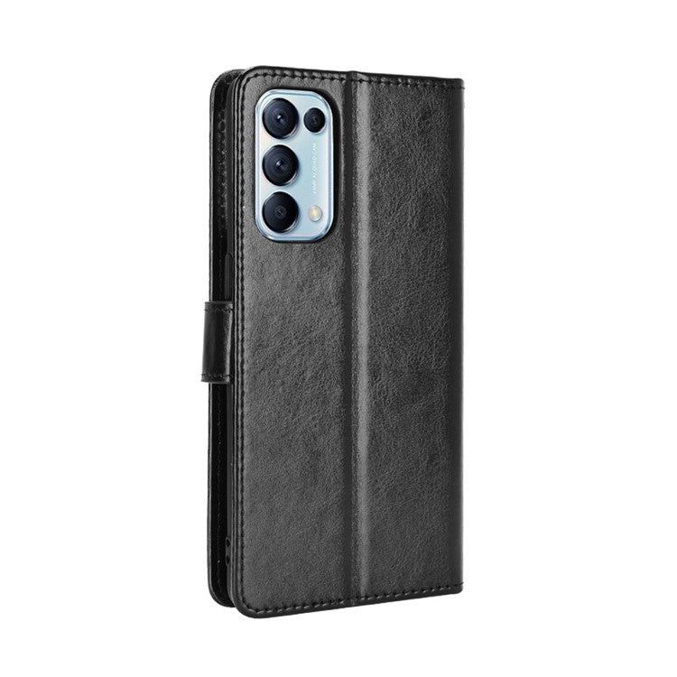 Leather Full Protection Wallet Stand Crazy Horse Shell for Oppo Reno5 5G - Black