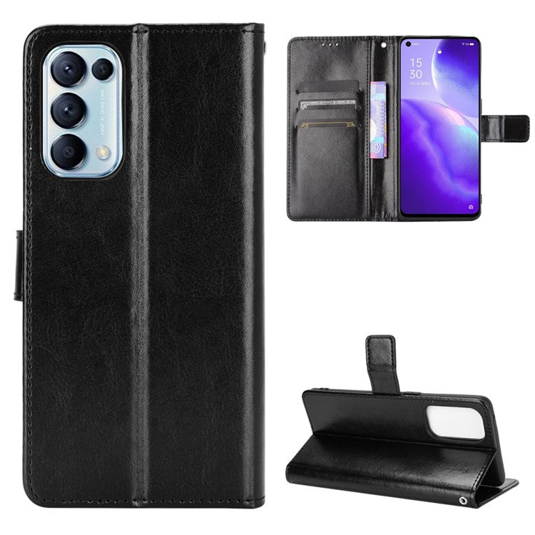 Leather Full Protection Wallet Stand Crazy Horse Shell for Oppo Reno5 5G - Black