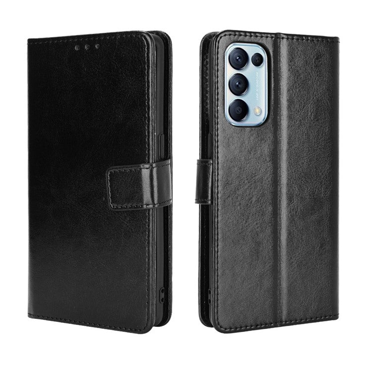 Leather Full Protection Wallet Stand Crazy Horse Shell for Oppo Reno5 5G - Black