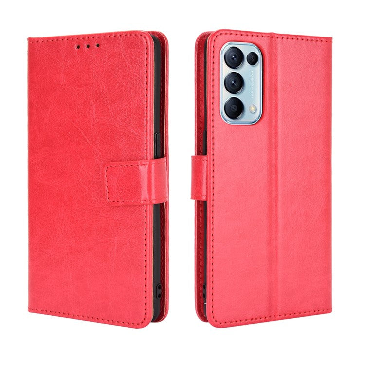 Leather Full Protection Wallet Stand Crazy Horse Shell for Oppo Reno5 5G - Red