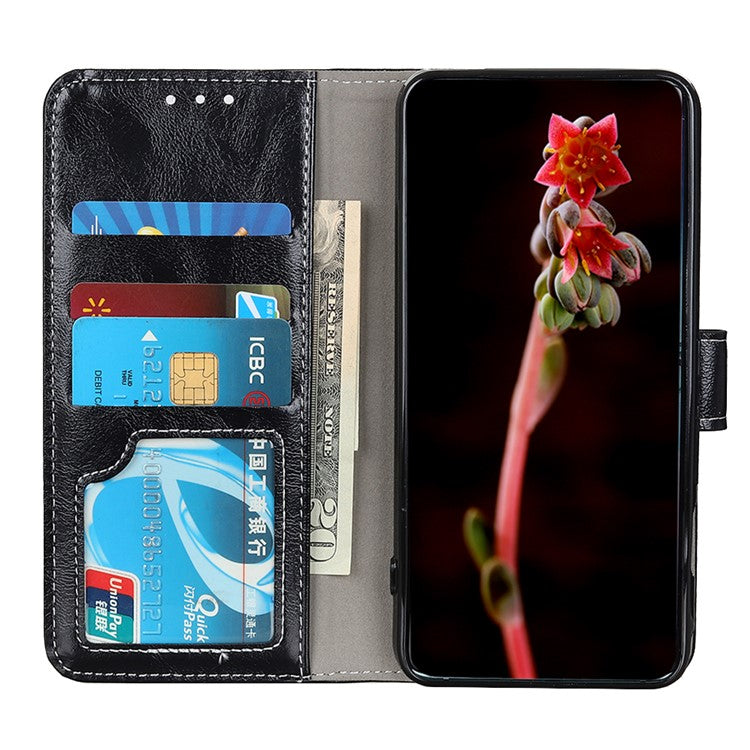 Retro Style Crazy Horse Texture Leather Phone Cover with Wallet Stand Design for Oppo Reno5 Pro Plus 5G/Find X3 Neo - Black