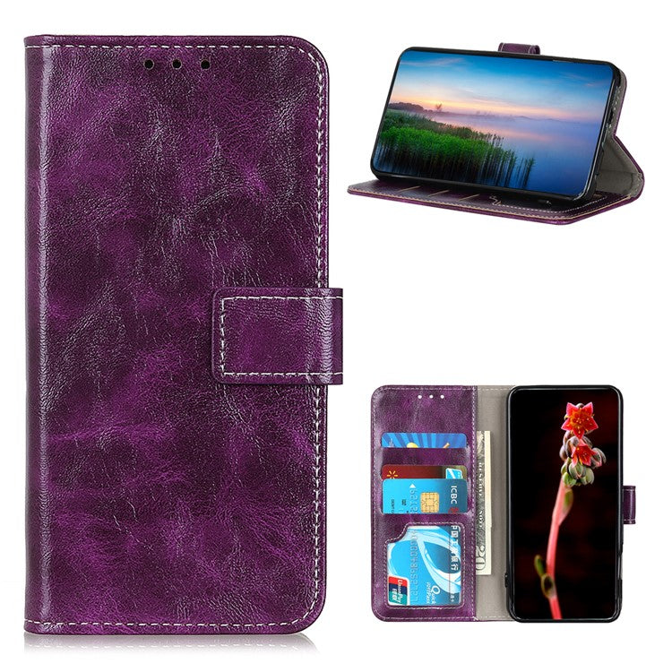 Retro Style Wallet Stand Design Leather Phone Cover Case for Oppo Reno5 5G/Find X3 Lite Crazy Horse Texture Leather Case - Purple