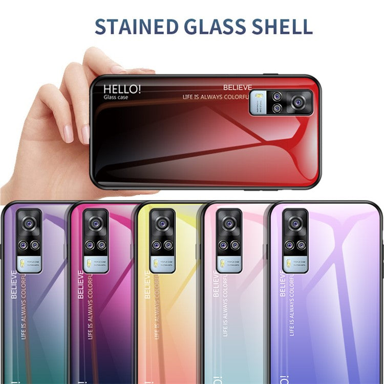 Color Gradient Tempered Glass Cell Phone TPU Frame Back Case for vivo Y51 (2020, December) - Black