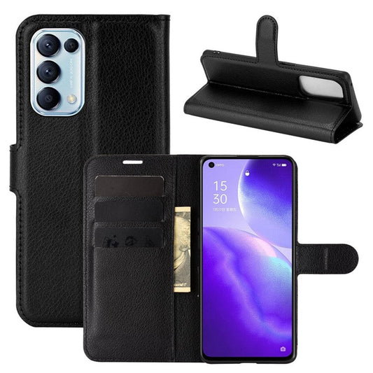 Litchi Texture Leather Phone Protective Cover with Wallet Stand Design for Oppo Reno5 5G/Reno5 4G/Reno5 K/Find X3 Lite - Black