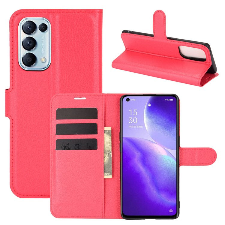 Litchi Texture Leather Phone Protective Cover with Wallet Stand Design for Oppo Reno5 5G/Reno5 4G/Reno5 K/Find X3 Lite - Red