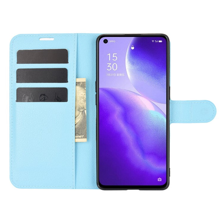Litchi Texture Leather Phone Protective Cover with Wallet Stand Design for Oppo Reno5 5G/Reno5 4G/Reno5 K/Find X3 Lite - Blue