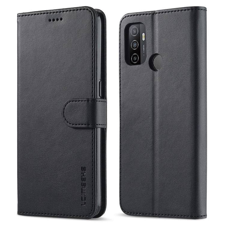 LC.IMEEKE Wallet Stand Leather Shell Cell Phone Cover Case for Oppo A32 (2020) / A33 (2020) / A53 (2020) / A53s - Black