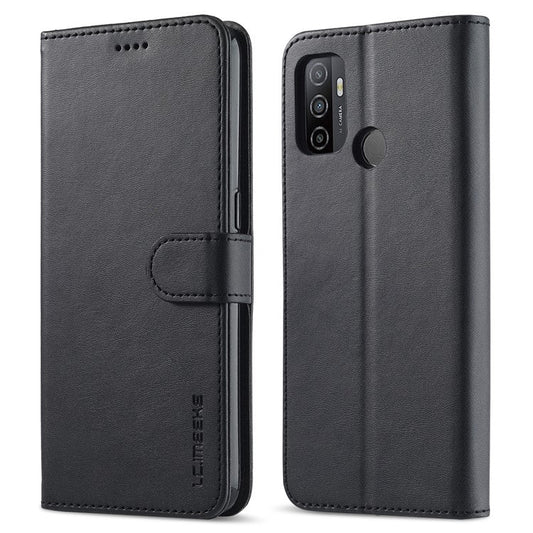LC.IMEEKE Wallet Stand Leather Shell Cell Phone Cover Case for Oppo A32 (2020) / A33 (2020) / A53 (2020) / A53s - Black