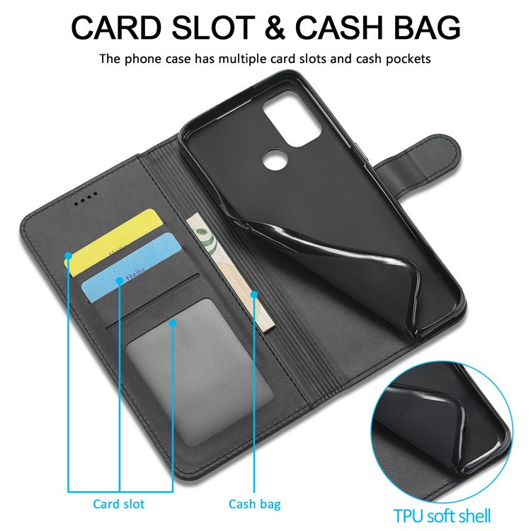 LC.IMEEKE Wallet Stand Leather Shell Cell Phone Cover Case for Oppo A32 (2020) / A33 (2020) / A53 (2020) / A53s - Black
