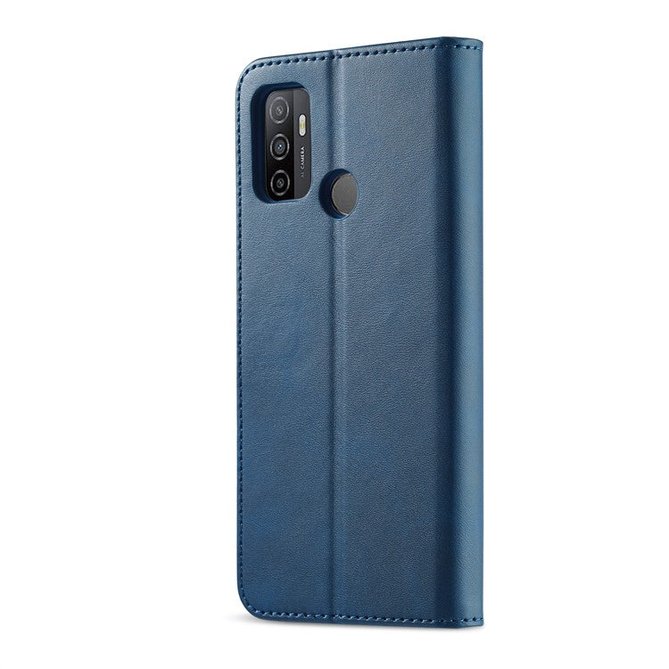 LC.IMEEKE Wallet Stand Leather Shell Cell Phone Cover Case for Oppo A32 (2020) / A33 (2020) / A53 (2020) / A53s - Blue