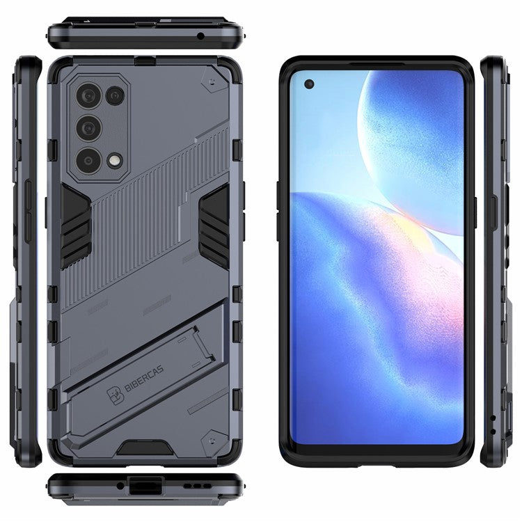 Shockproof PC + TPU Hybrid Phone Case Cover with Kickstand for Oppo Reno5 Pro 5G - Dark Blue