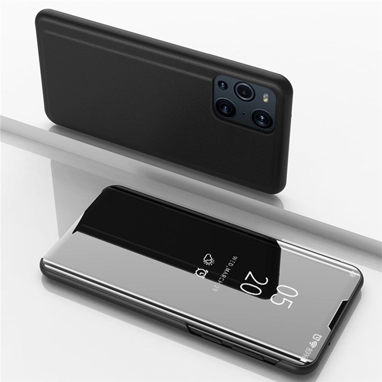 Plated Mirror Surface View Window Leather Phone Case Stand for OPPO Find X3/X3 Pro - Black