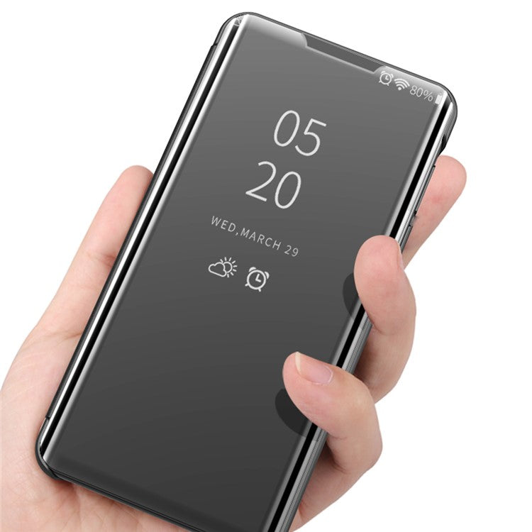 Plated Mirror Surface View Window Leather Phone Case Stand for OPPO Find X3/X3 Pro - Black