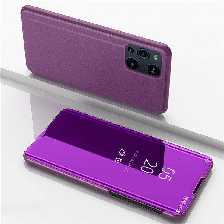 Plated Mirror Surface View Window Leather Phone Case Stand for OPPO Find X3/X3 Pro - Purple