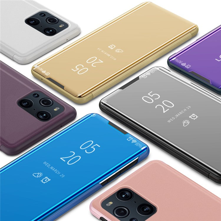 Plated Mirror Surface View Window Leather Phone Case Stand for OPPO Find X3/X3 Pro - Purple