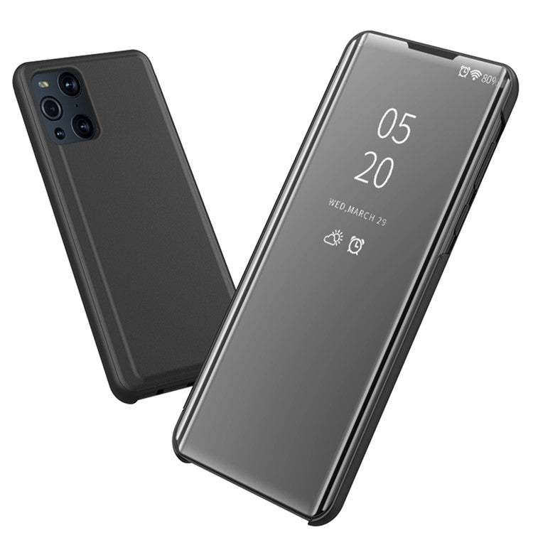 Plated Mirror Surface View Window Leather Phone Case Stand for OPPO Find X3/X3 Pro - Purple