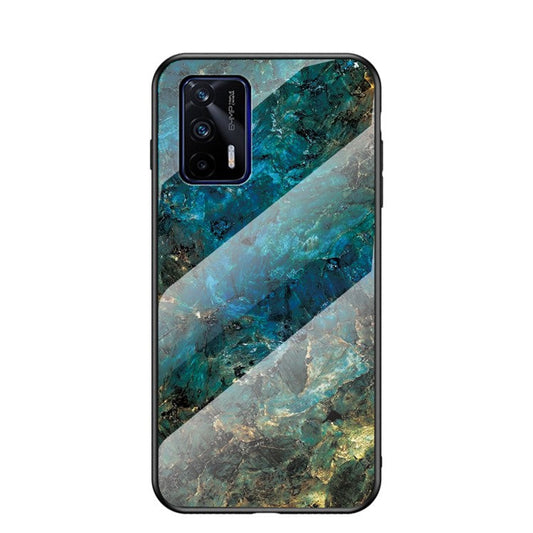 Anti-Scratch Tempered Glass Marbling Pattern Design Cell Phone Cover for Realme GT 5G - Emerald Marble