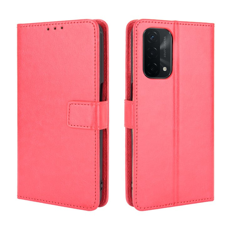 Crazy Horse Wallet Stand Leather Case with Strap for Oppo A93 5G / A74 5G / A54 5G - Red