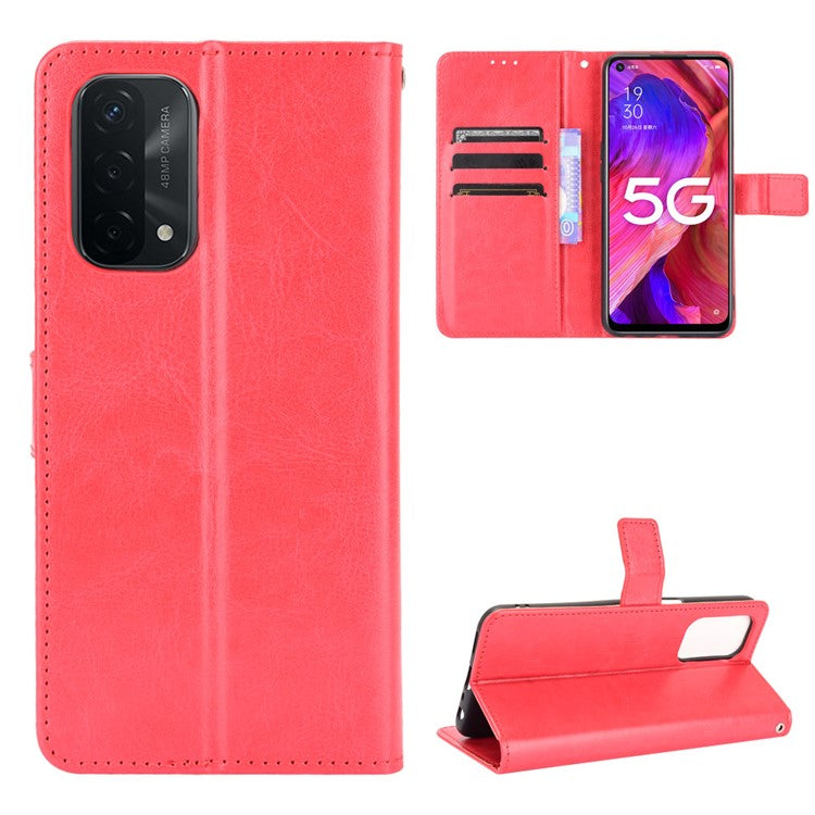 Crazy Horse Wallet Stand Leather Case with Strap for Oppo A93 5G / A74 5G / A54 5G - Red