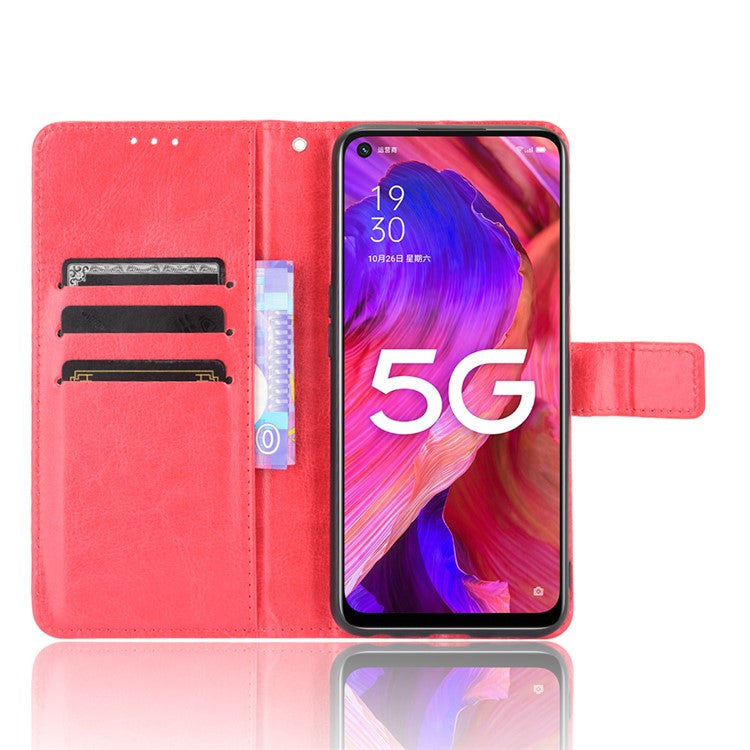 Crazy Horse Wallet Stand Leather Case with Strap for Oppo A93 5G / A74 5G / A54 5G - Red