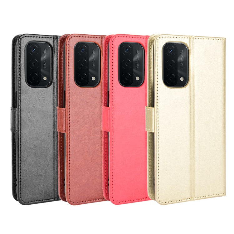 Crazy Horse Wallet Stand Leather Case with Strap for Oppo A93 5G / A74 5G / A54 5G - Red
