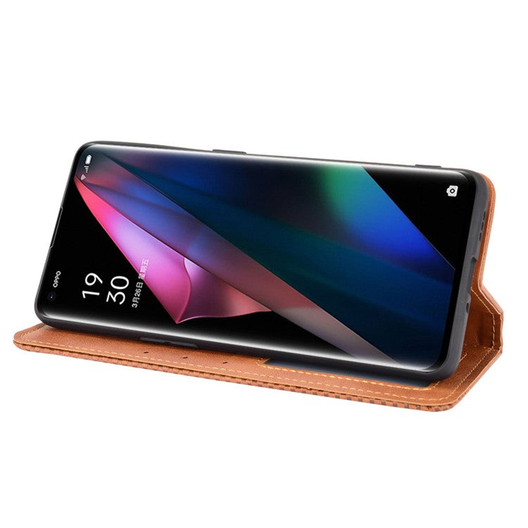 Magnetic Vintage Style Phone Case Wallet Stand Leather Cover for Oppo Find X3 / X3 Pro - Brown