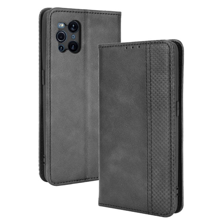 Magnetic Vintage Style Phone Case Wallet Stand Leather Cover for Oppo Find X3 / X3 Pro - Black