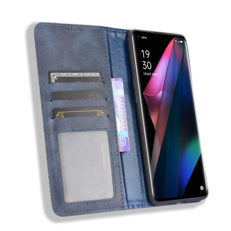 Magnetic Vintage Style Phone Case Wallet Stand Leather Cover for Oppo Find X3 / X3 Pro - Blue
