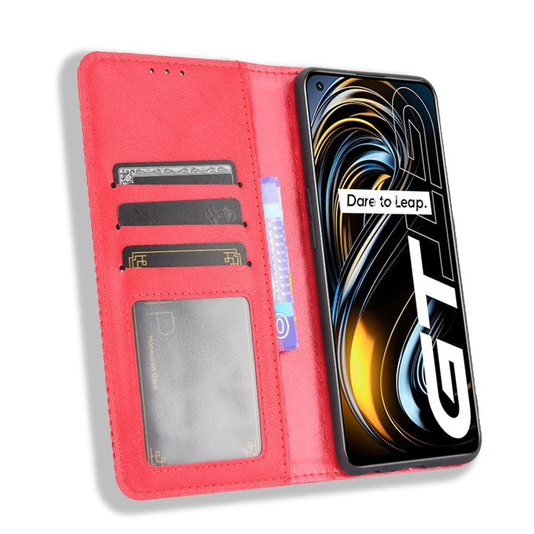 Magnetic Vintage Style Phone Case Wallet Stand Leather Cover for Oppo Realme GT 5G - Red