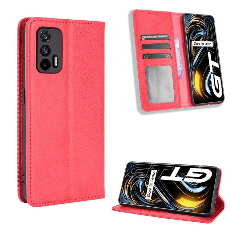 Magnetic Vintage Style Phone Case Wallet Stand Leather Cover for Oppo Realme GT 5G - Red