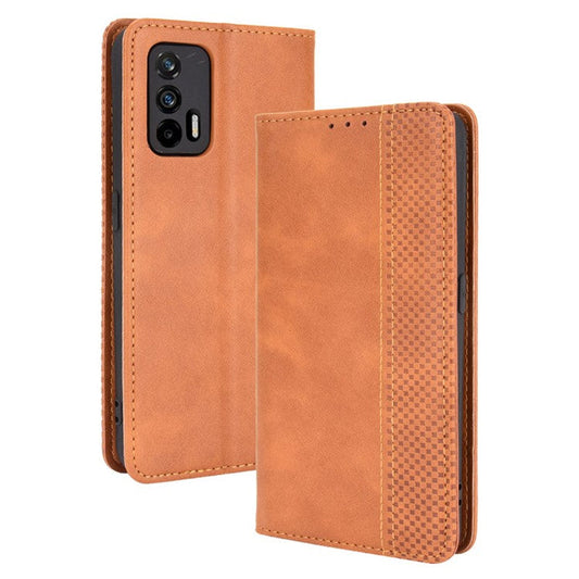 Magnetic Vintage Style Phone Case Wallet Stand Leather Cover for Oppo Realme GT 5G - Brown