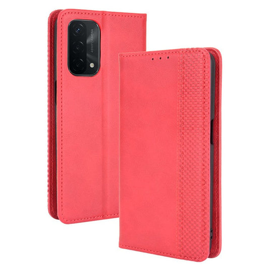 Magnetic Vintage Style Phone Case Wallet Stand Leather Cover for Oppo A93 5G / A74 5G / A54 5G - Red