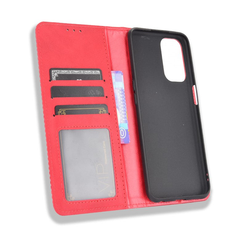 Magnetic Vintage Style Phone Case Wallet Stand Leather Cover for Oppo A93 5G / A74 5G / A54 5G - Red