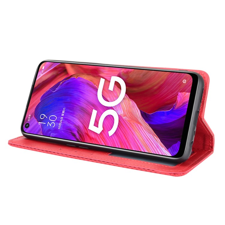 Magnetic Vintage Style Phone Case Wallet Stand Leather Cover for Oppo A93 5G / A74 5G / A54 5G - Red