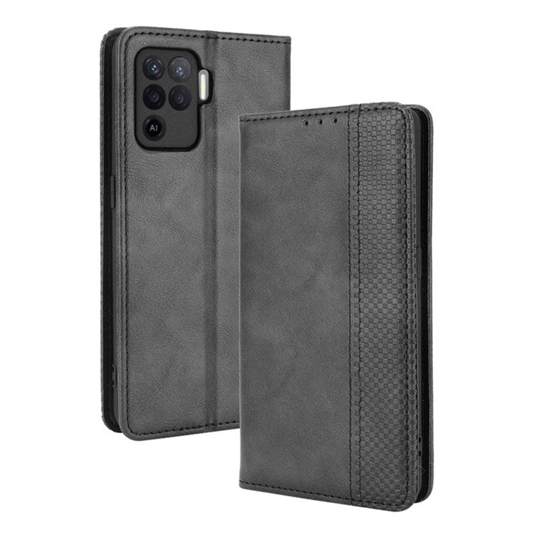 Vintage Style Leather Wallet Case for OPPO A94 4G/F19 Pro 4G/Reno5 F - Black