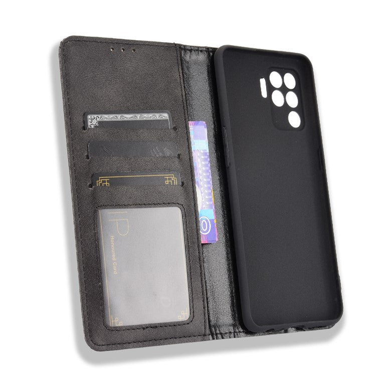 Vintage Style Leather Wallet Case for OPPO A94 4G/F19 Pro 4G/Reno5 F - Black